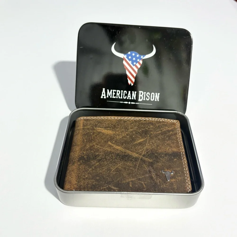 American Bison Men's Bifold Brown Leather Wallet New In Box